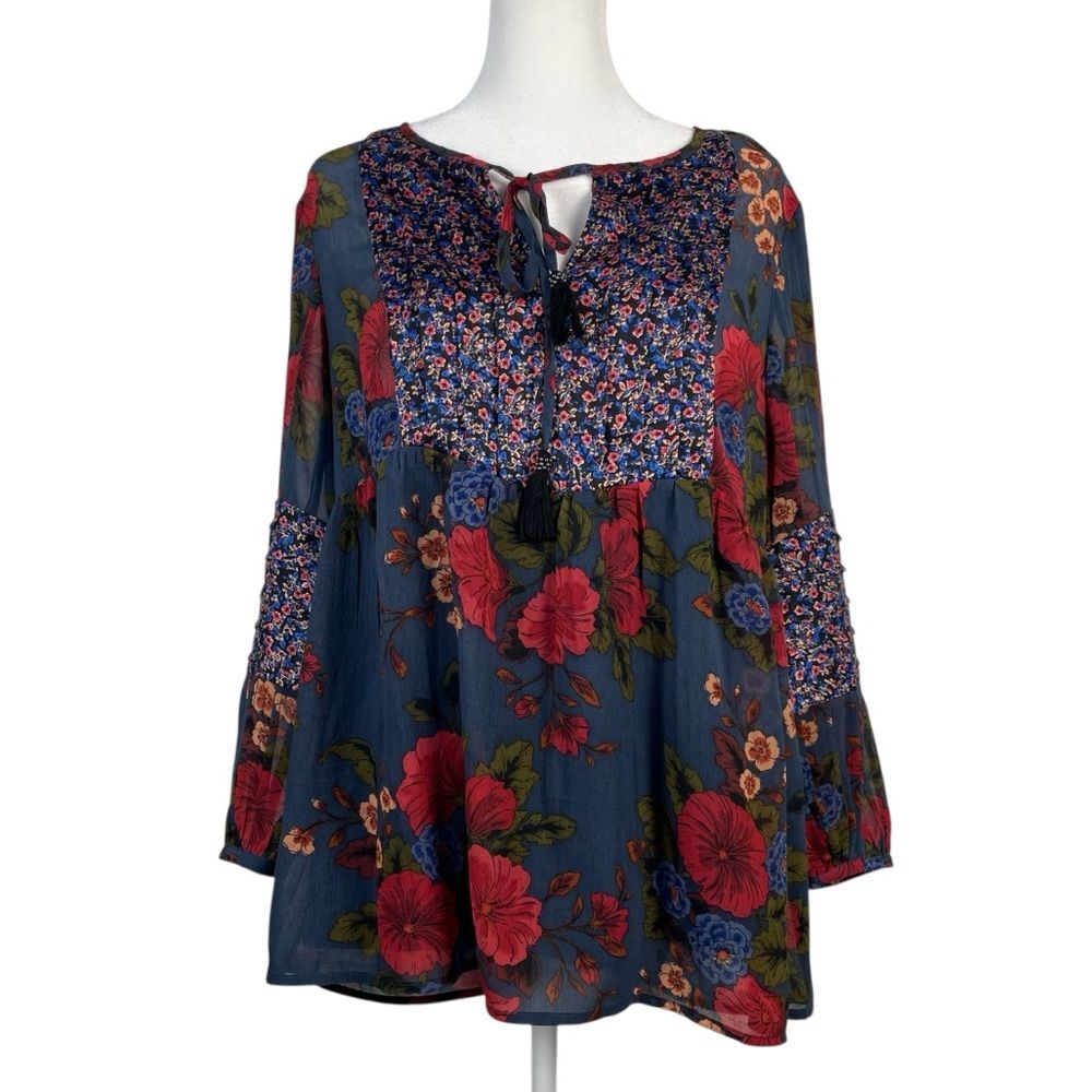 Daniel Rainn Mixed Print Red Floral Peasant Top Medium NEW 3/4 Sleeves Boho Shee